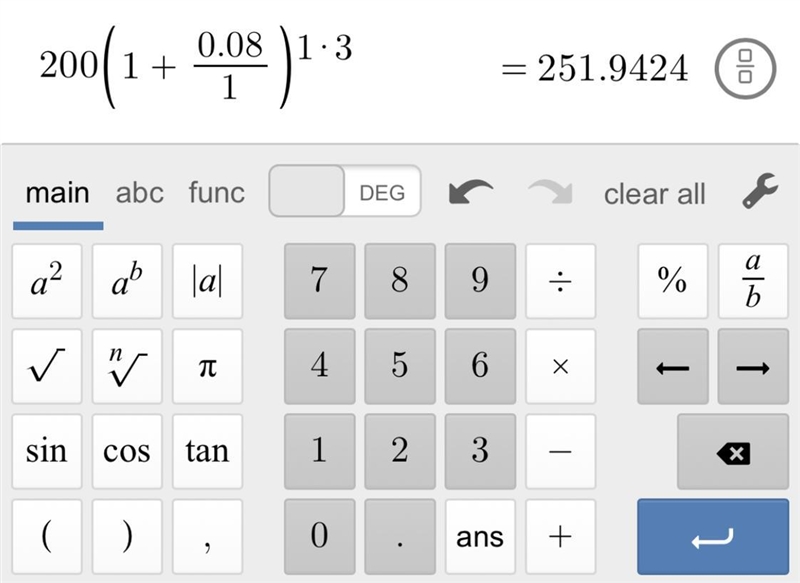 Math help Sally puts $200.00 in a bank account. This account earns 8% compound interest-example-1