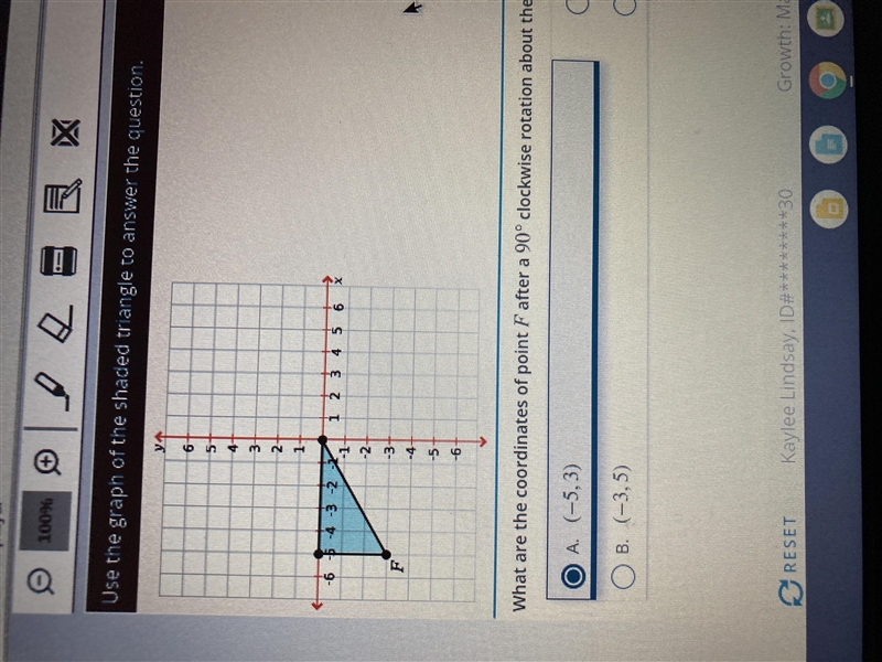 What are the coordinates of point F (-5, -3) after a 90 degree clockwise rotation-example-1