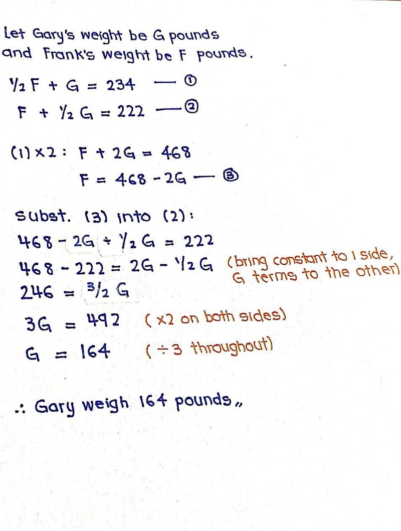 Half of Frank's weight added to Gary's weight equals 234. Half of Gary's weight added-example-1