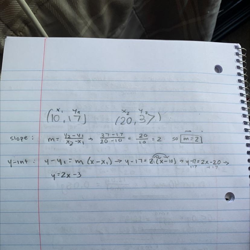 Write an equation for the line that passes through (10, 17) and (20, 37)-example-1