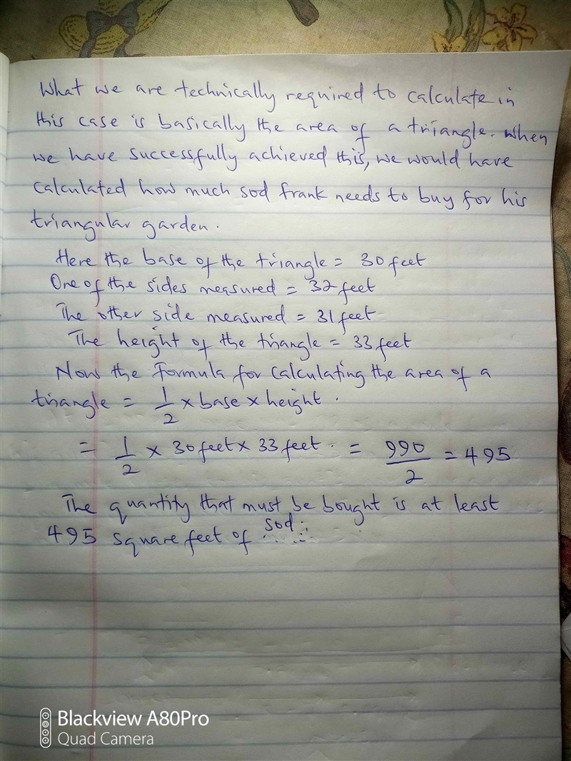 Frank is building a triangular garden. He wants to know how much sod he will need-example-1