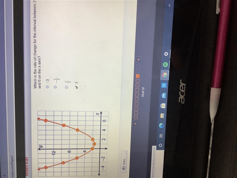 Which is the rate of change for the interval between 2 and 6 on the x-axis? -3 -1/3 1/3 3-example-1