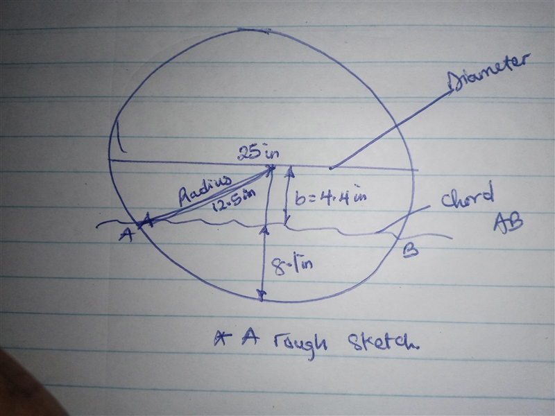 A wheel with a diameter of 25 in. is in a puddle of water 8.1 in. deep. What is the-example-1