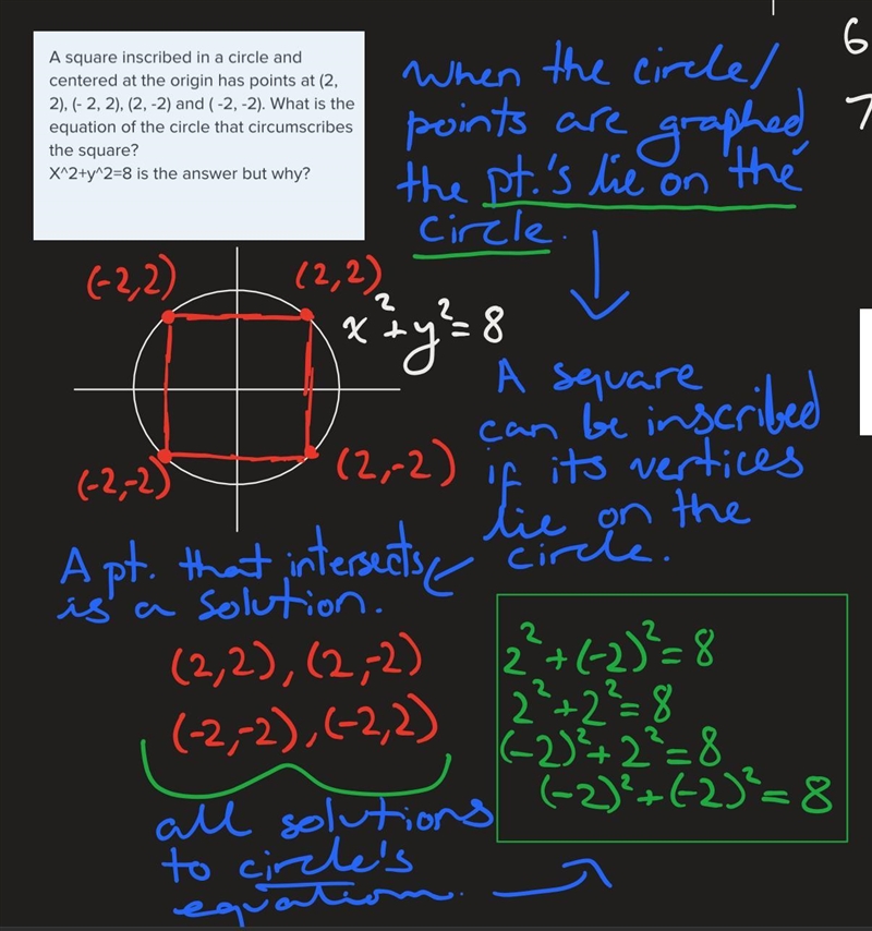 A square inscribed in a circle and centered at the origin has points at (2, 2), (- 2, 2), (2, -2) and-example-1