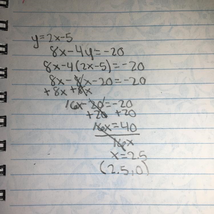 How many solutions does this linear system have? y = 2x-5 _8x – 4y = -20 O one solution-example-1