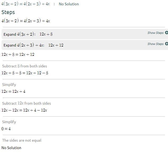 Solve the equation. 4(3x + 2) = 4(2x + 3) + 4x-example-1