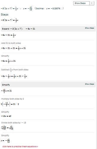 −3(2x+7)=1/2x what is x?-example-1