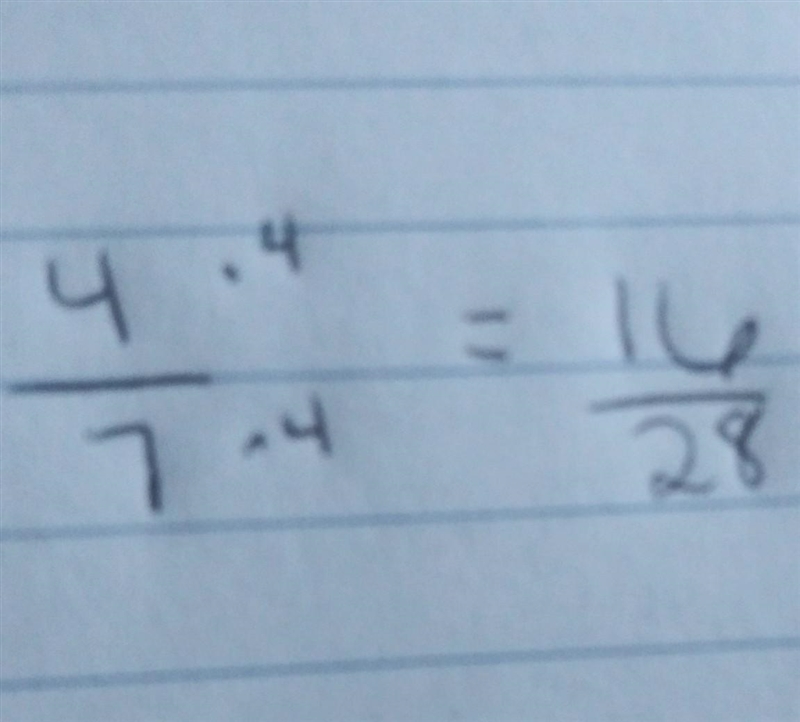 Decide if each pair of fractions is equivalent. Justify your answer. 4/7 = 16/28-example-1