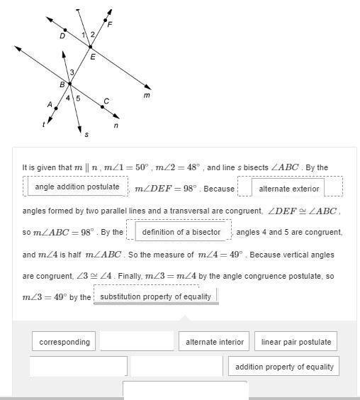 Drag and drop an answer to each box to correctly complete the proof. Given: m∥n , m-example-1