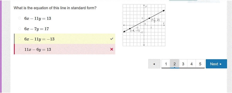 What is the equation of this line in standard form? 11x−6y=13 6x−11y=13 6x−7y=17 6x-example-1