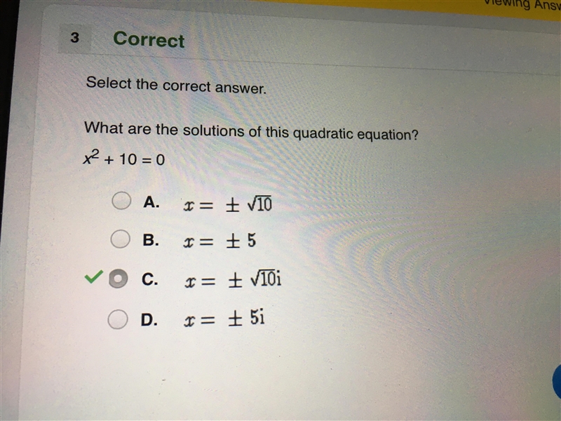 What are the solutions to this quadratic equation? x^2+10=0 ​-example-1