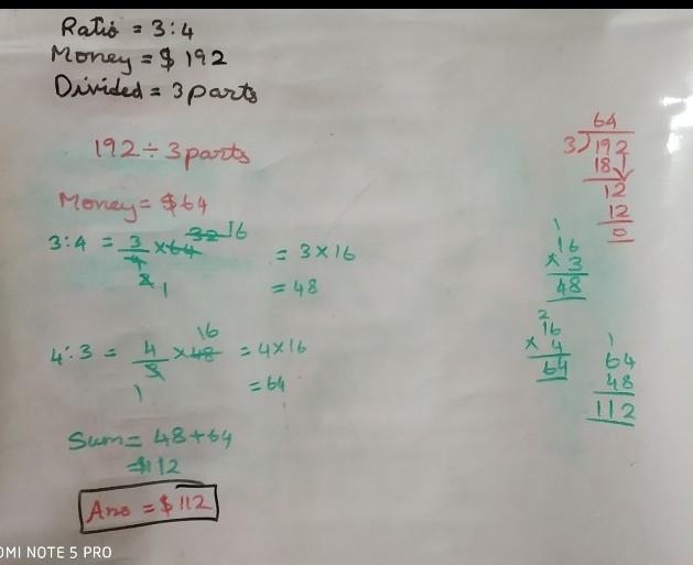 A sum of money is divided into the ratio 3:4. The larger portion is then divided into-example-1