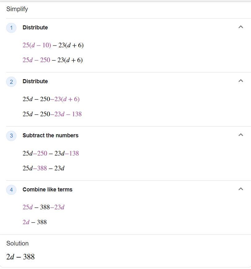 Find the difference. The difference 25(d−10)−23(d+6) is-example-1