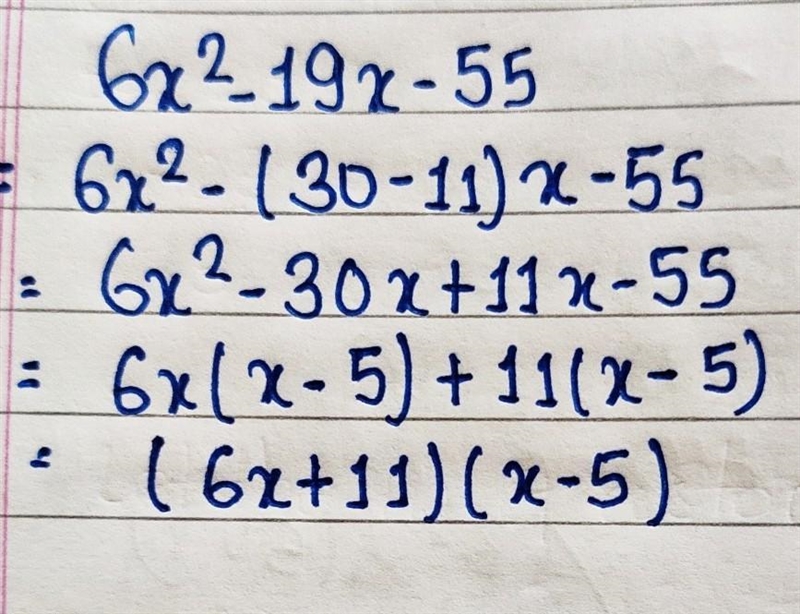 Which expression is equivalent to 6x2 – 19x – 55? (2x – 11)(3x + 5) (2x + 11)(3x - 5) (6x-example-1