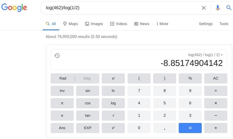 Find the value of log, 1/2 462 to four decimal places. -8.8517 -0.1130 0.1130 8.8517-example-1