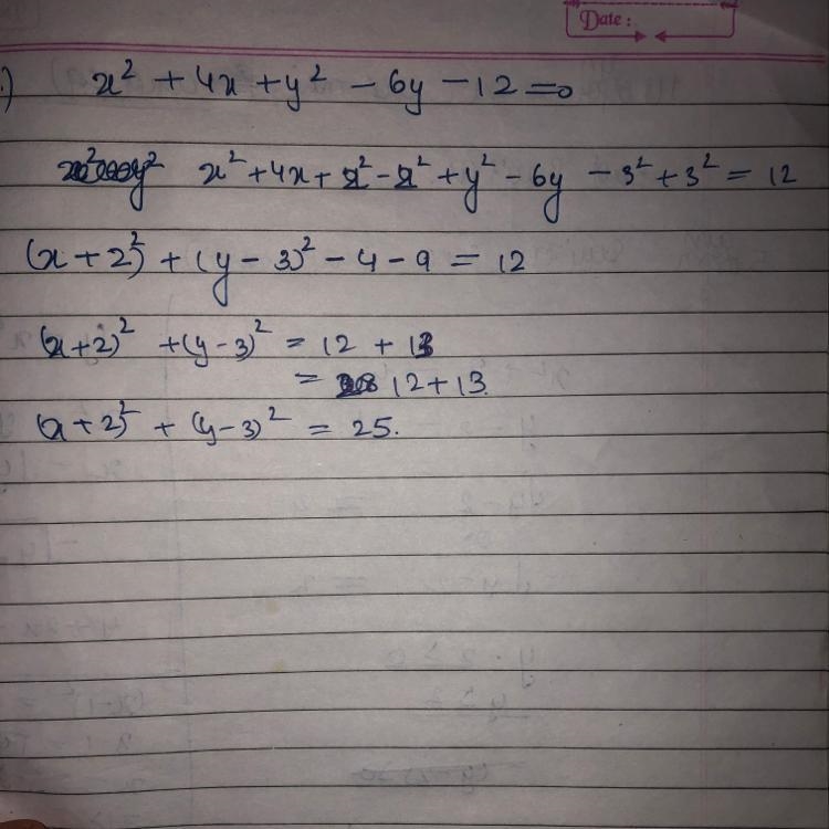 What is the radius of the circle defined by x2 + 4x + y2 − 6y − 12 = 0? 6 9 5 25-example-1