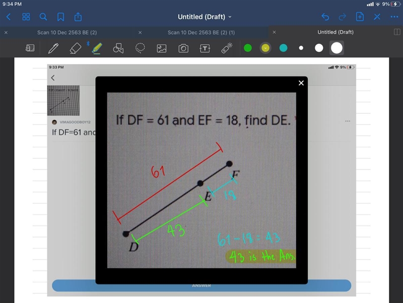 If DF=61 and EF=18 find DE. ​-example-1