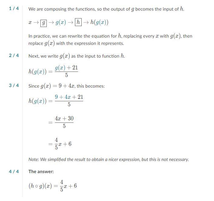 G(x) = 9+ 4x h(x) = x+21 5 Write (h o g)(x) as an expression in terms of x. (h o g-example-1