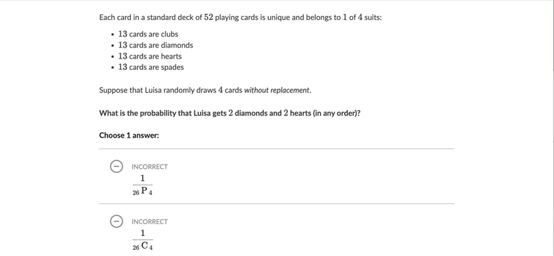 Standard deck of 525252 cards contains 444 suits: hearts, clubs, diamonds, and spades-example-1