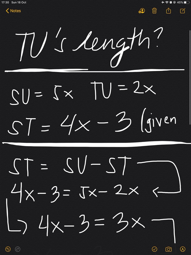 point t is on line segment su. given su= 5x , tu= 2x, and st= 4x-3, determine the-example-2