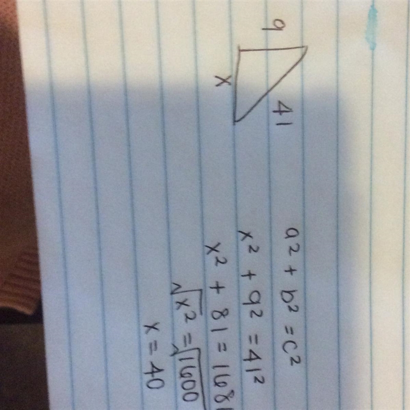 Find x, the missing side length in the right triangle. 9 41 х-example-1