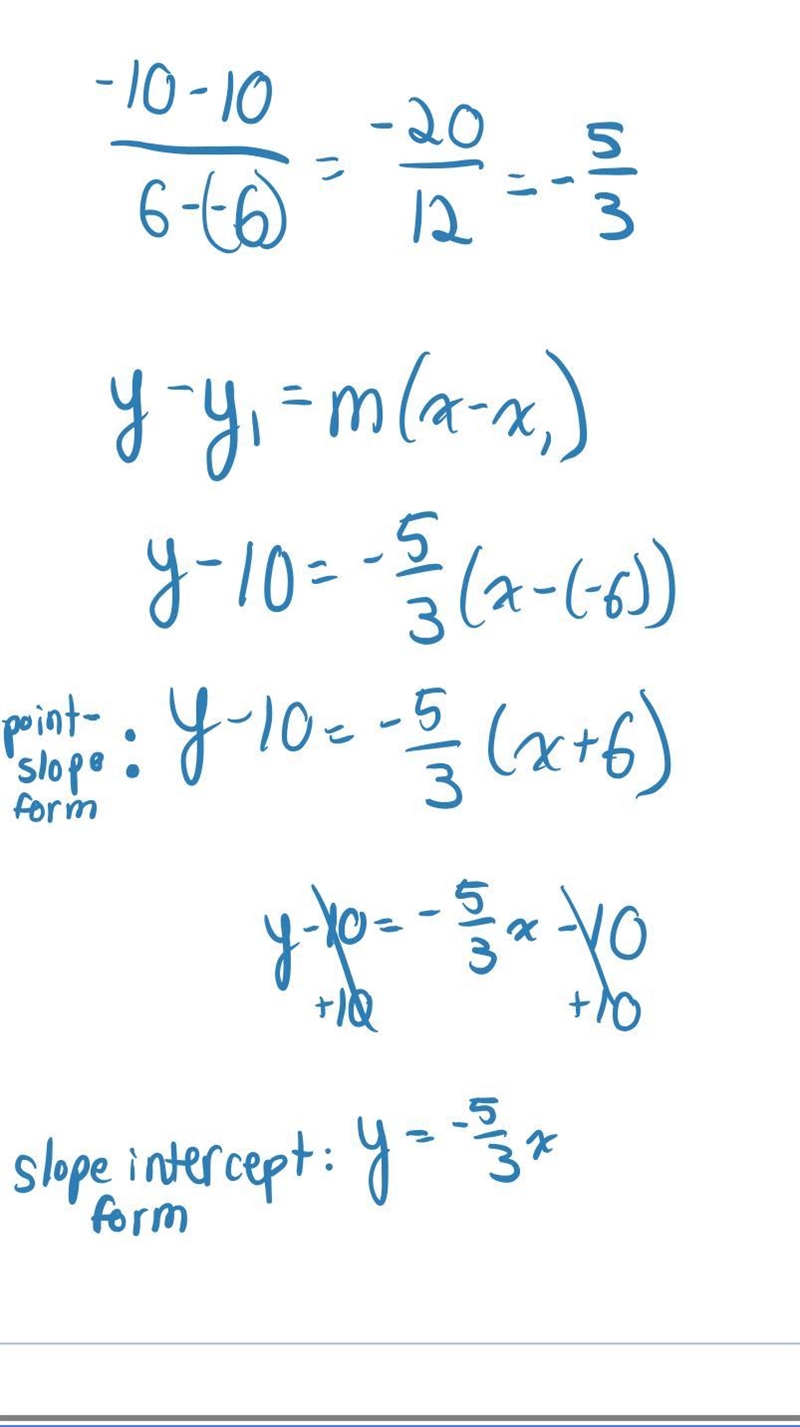 Help! Write an equation of the line that passes through the points. (-6,10), (6,-10)-example-1