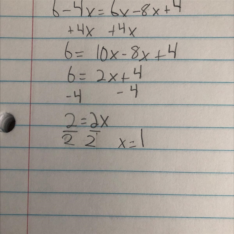 Find the value of x when 6 - 4x = 6x - 8x + 4. The value of x​-example-1