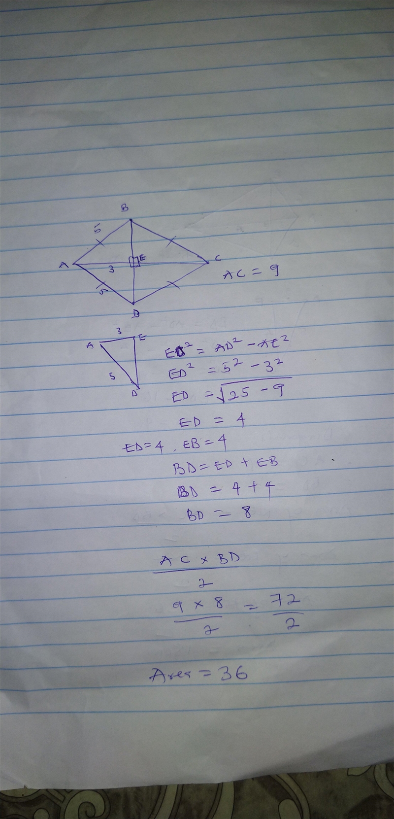 Given Kite ABCD whose diagonals intersect at E. If AD = AB = 5, AC = 9, and AE = 3, find-example-1