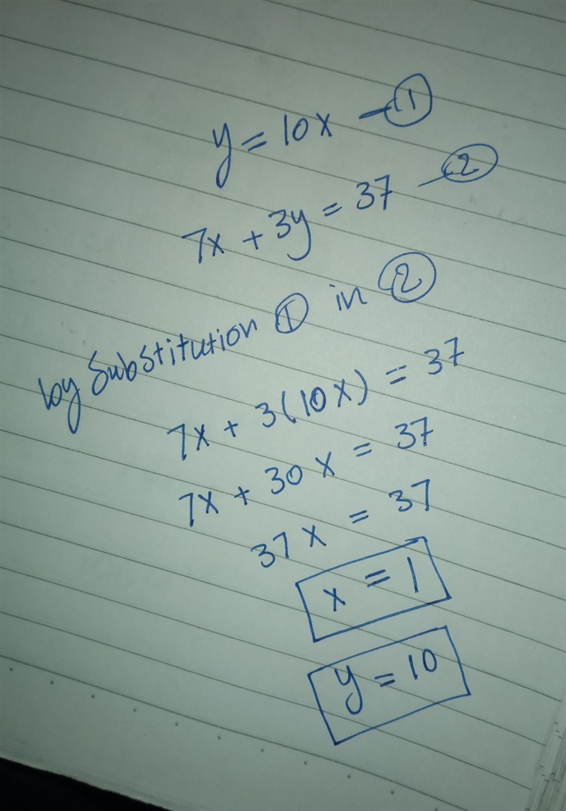 Solve the system by substitution. Y = 10x 7x + 3y = 37-example-1