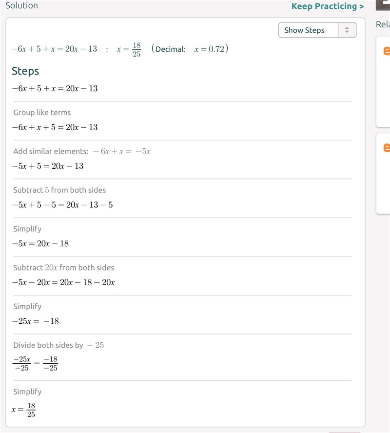 PLS HELP!!! -6x + 5 + x = 20x - 13-example-1