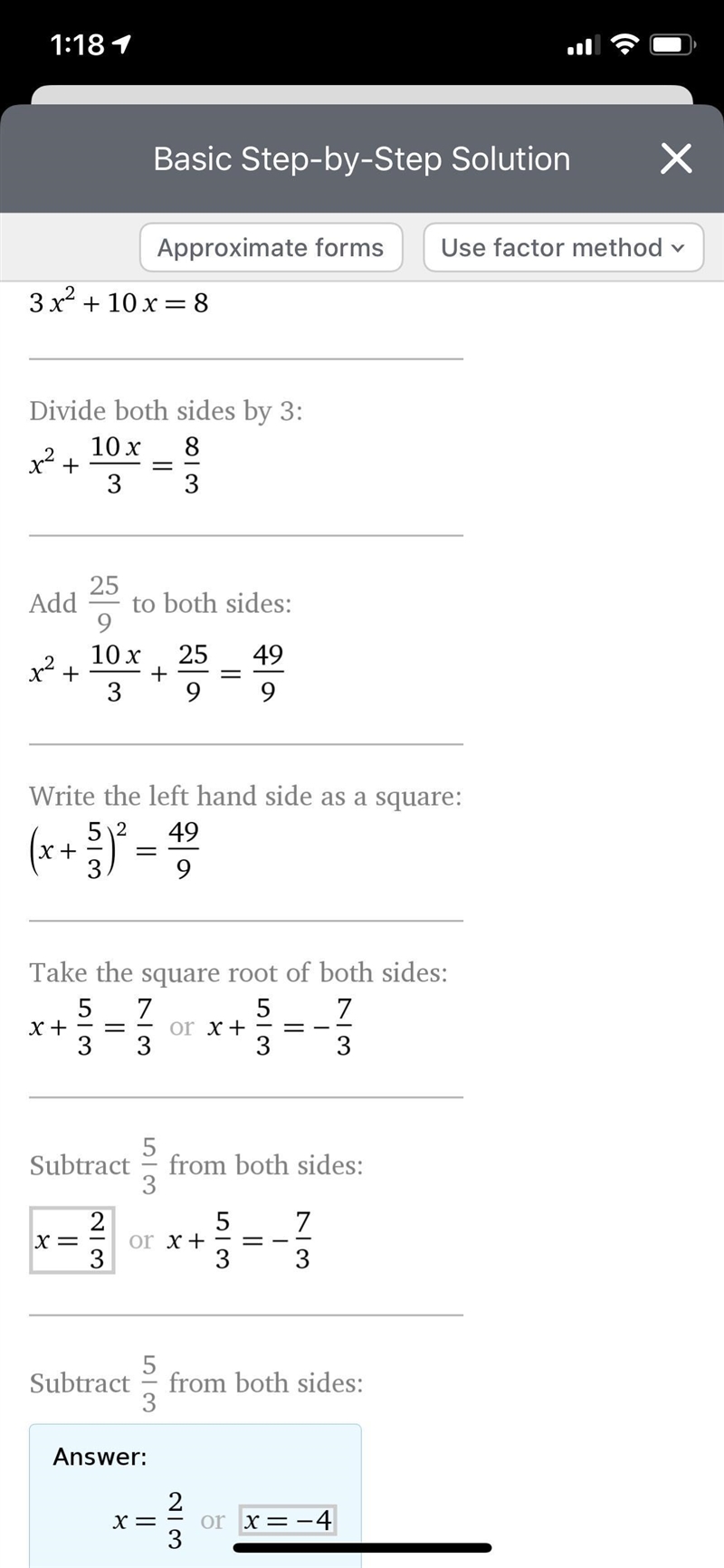 What are the solutions to the equation 3x^2+10x=8-example-1