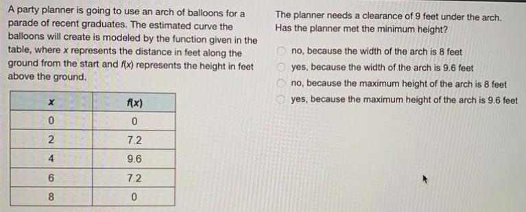 The planner needs a clearance of 9 feet under the arch. Has the planner met the minimum-example-1