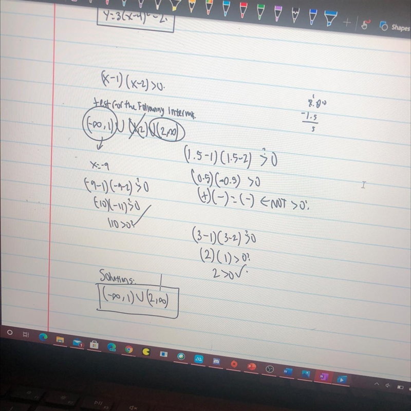 The interval or intervals for witch (x-1)(x-2)>0 is/are-example-1