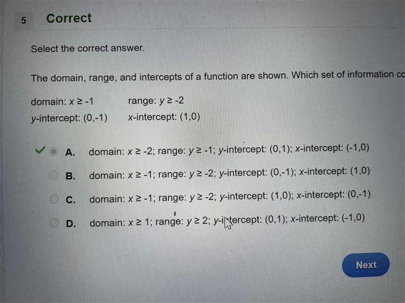 The domain, range, and intercepts of a function are shown. Which set of information-example-1