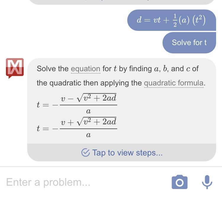 Solve for t in this equation and show steps please d = vt + 1/2(a)(t^2)-example-1