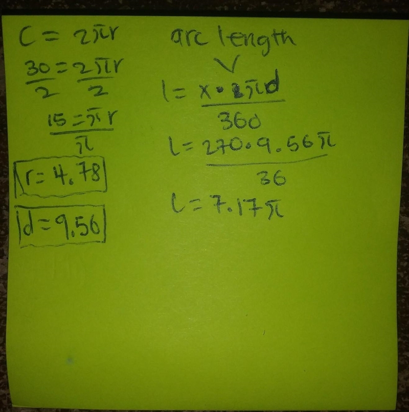 The circumference of a circle = 30. What is the diameter, radius, and the arc length-example-1