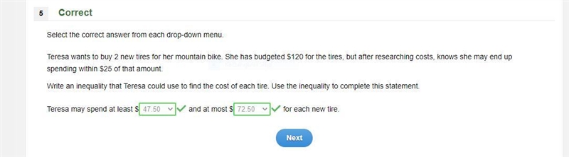 Teresa wants to buy 2 new tires for her mountain bike. She has budgeted $120 for the-example-1