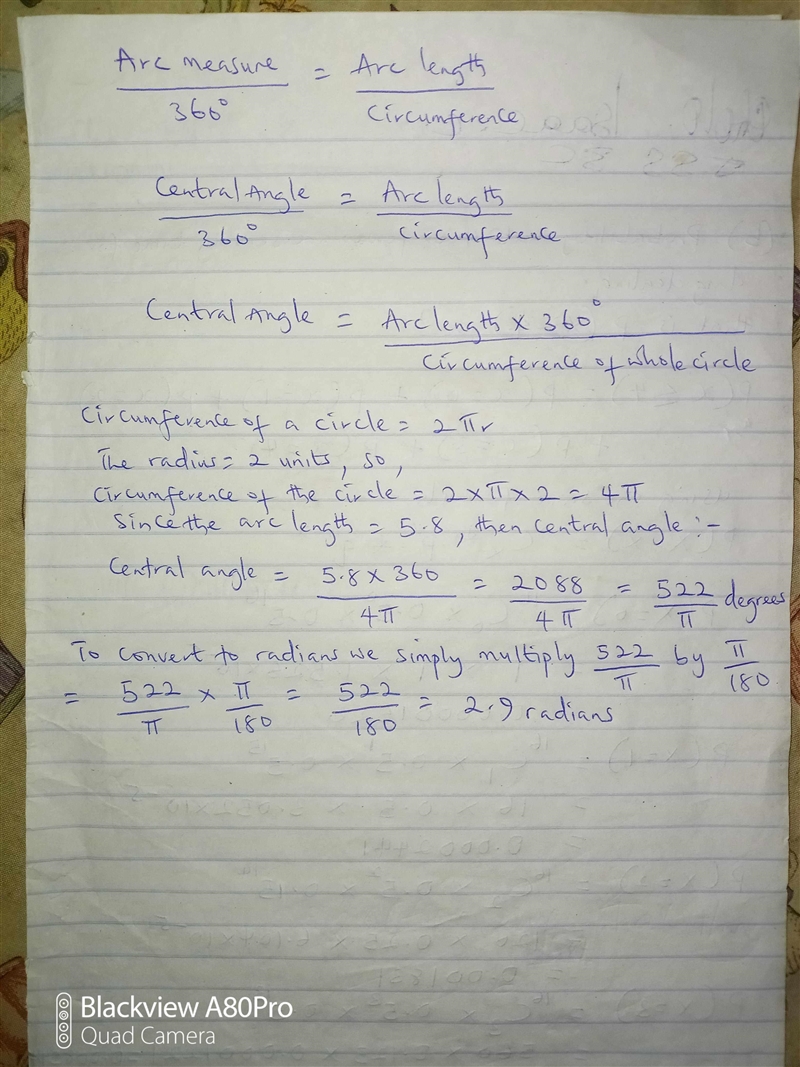 A circle has a radius of 2 units. Find the radian measure of a central angle that-example-1