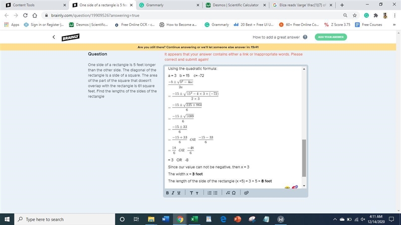 One side of a rectangle is 5 feet longer than the other side. The diagonal of the-example-5