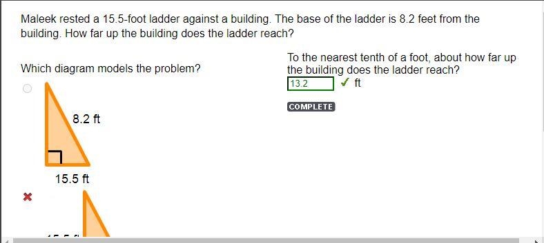 Maleek rested a 15.5-foot ladder against a building. The base of the ladder is 8.2 feet-example-1