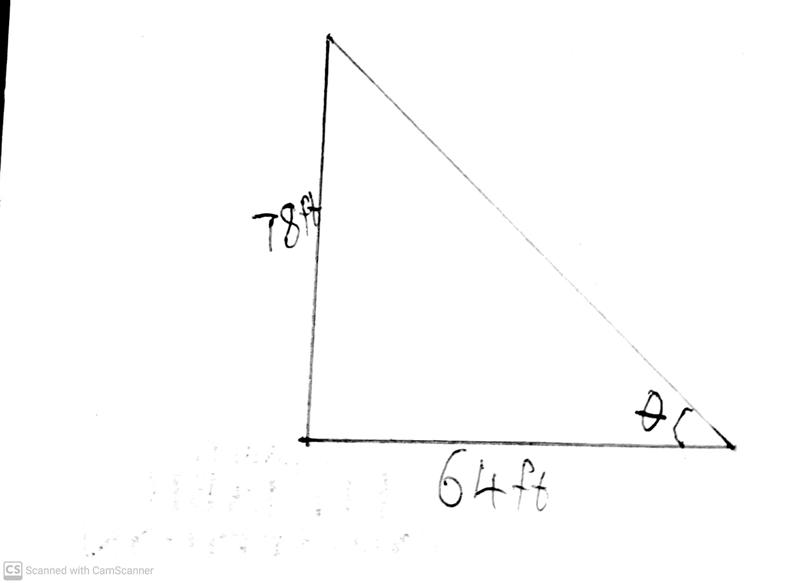 A building 78 feet tall casts a shadow 64 feet long. Find the measure of the angle-example-1