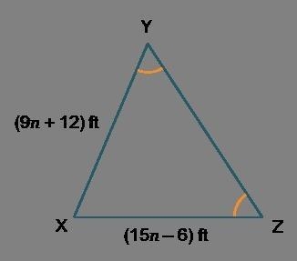 Triangle X Y Z is shown. The length of side X Y is (9 n + 12) feet and the length-example-1