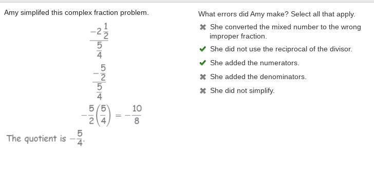 Amy simplifed this complex fraction problem. Negative 2 and one-half divided by five-example-1