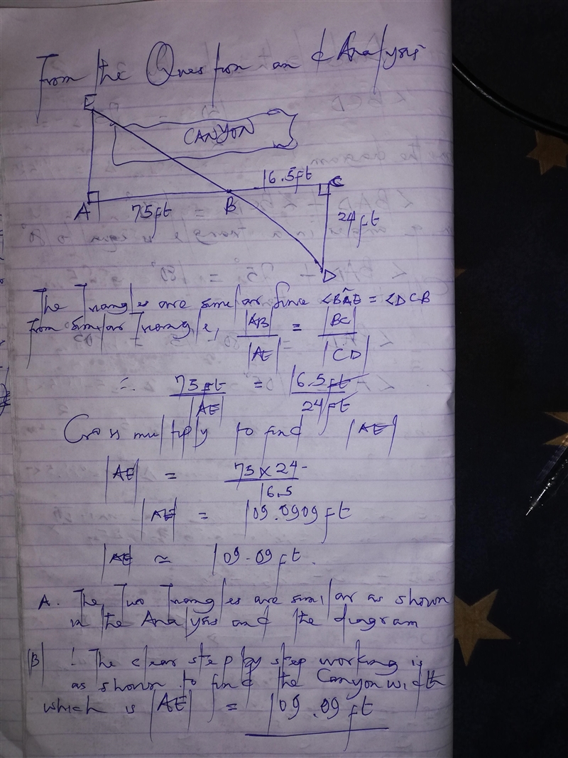 John wants to find the width of a canyon. He walks along the side for 75 ft and marks-example-1