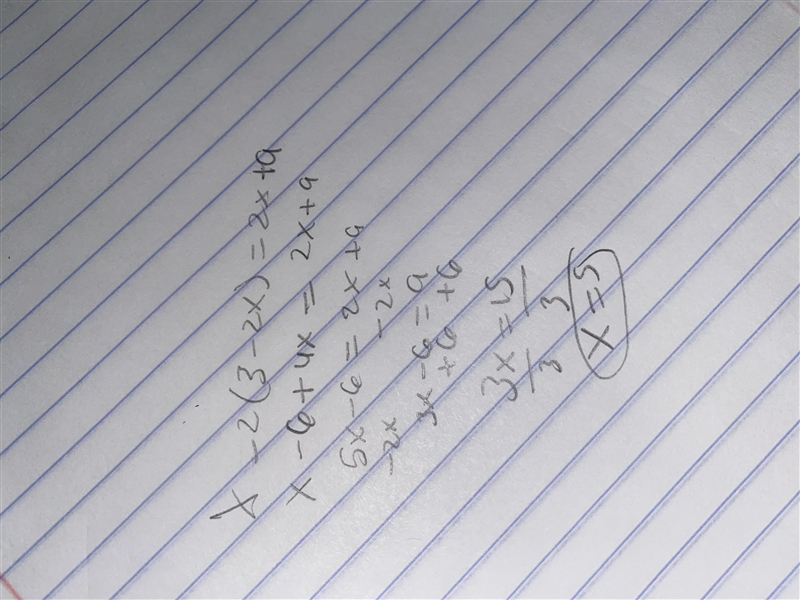 Solve for .x. x-2(3-2x) = 2x +9-example-1