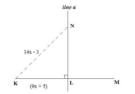 Line a is a perpendicular bisector of line segment K M. It intersects line segment-example-1