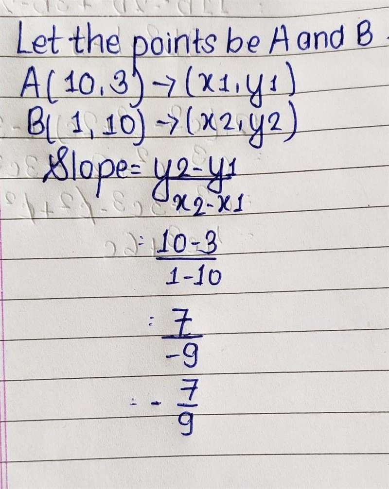 Find the slope of the line that passes through (10, 3) and (1, 10). Simplify your-example-1