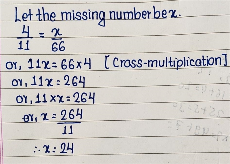 Find the number missing from the following equivalent fractions:4/11= ?/66-example-1