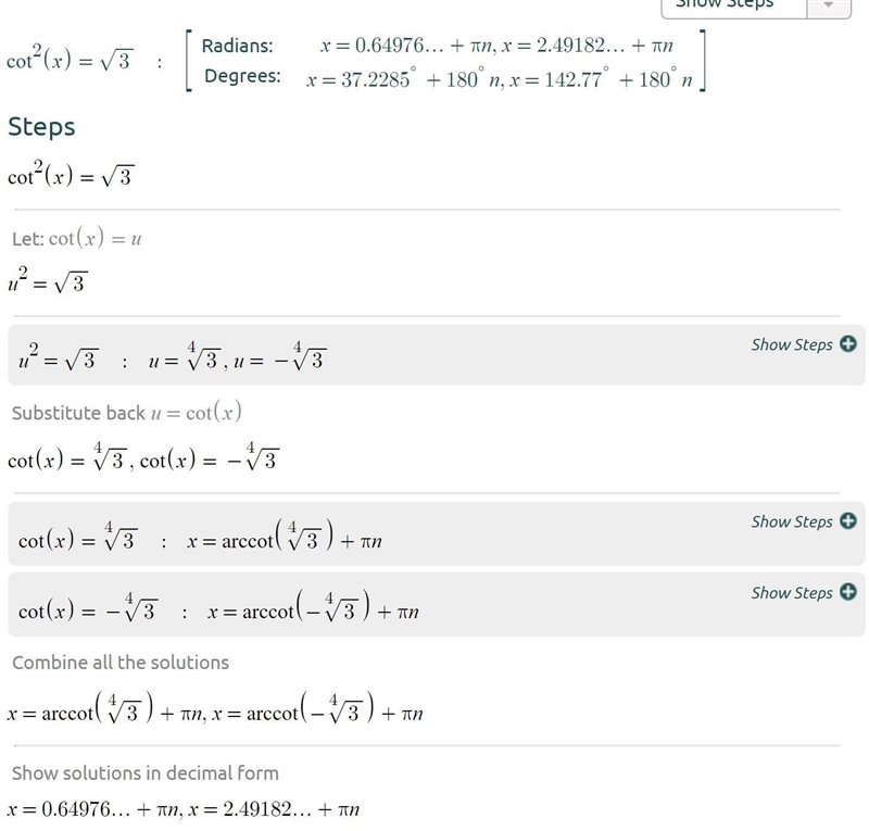 100 POINTS!!! Cot^2 x=√3 Solve for x.-example-1