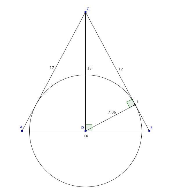 A semicircle is inscribed in an isosceles triangle with base 16 and height 15 so that-example-1